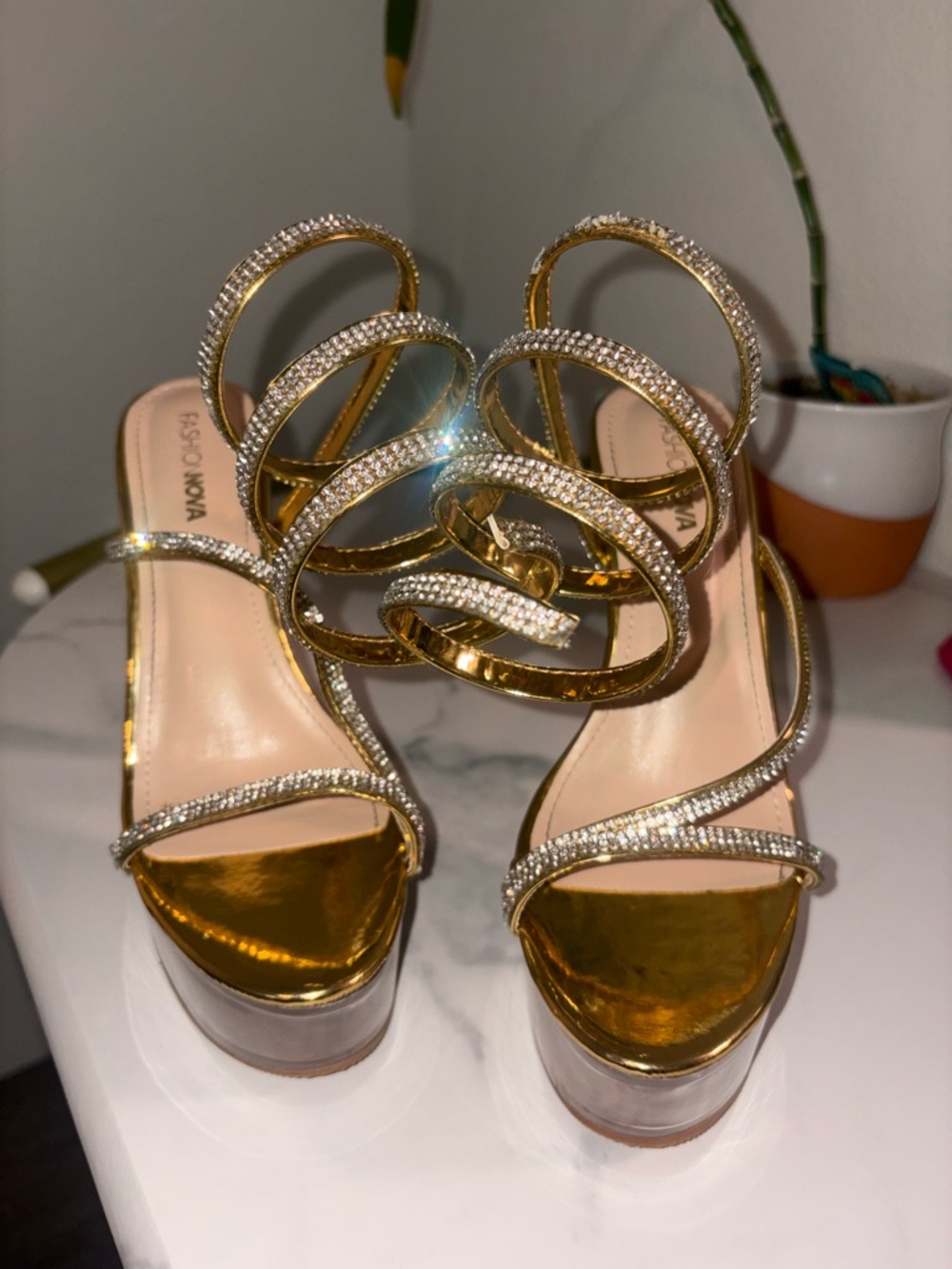 Fashion Nova Gold Rhinestone Spiral Platform Heels